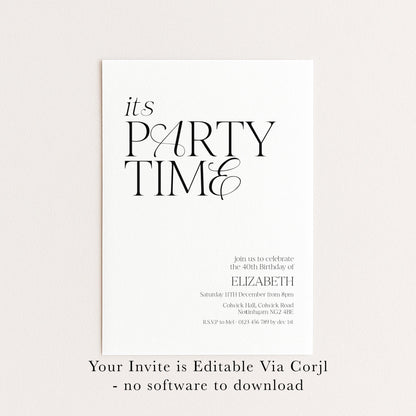 The image is a birthday party invitation for the 40th birthday of Elizabeth, which is a white paper invitation with black text.