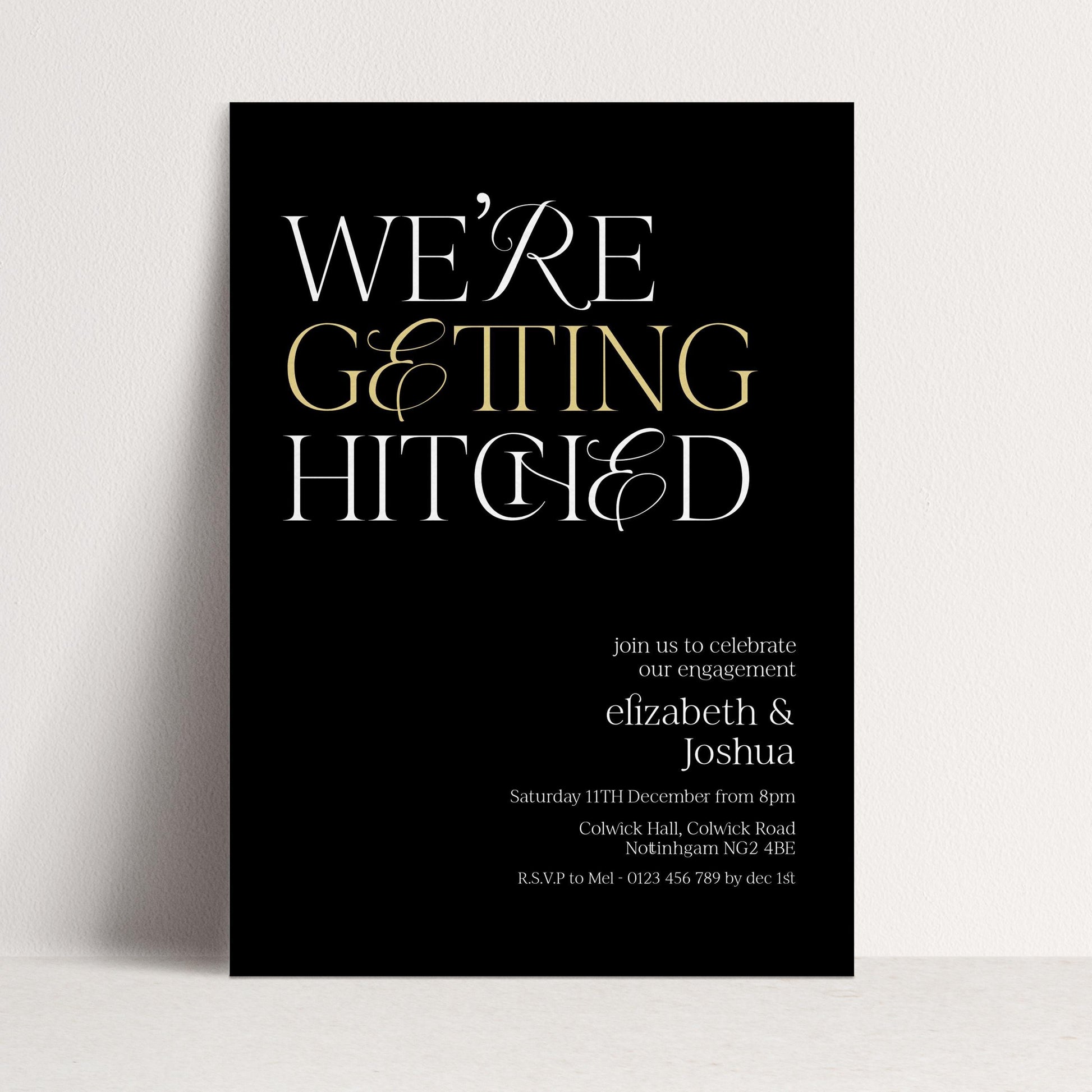 The image is a wedding invitation card with a black background and white text.