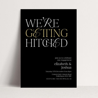 The image is a wedding invitation card with a black background and white text.