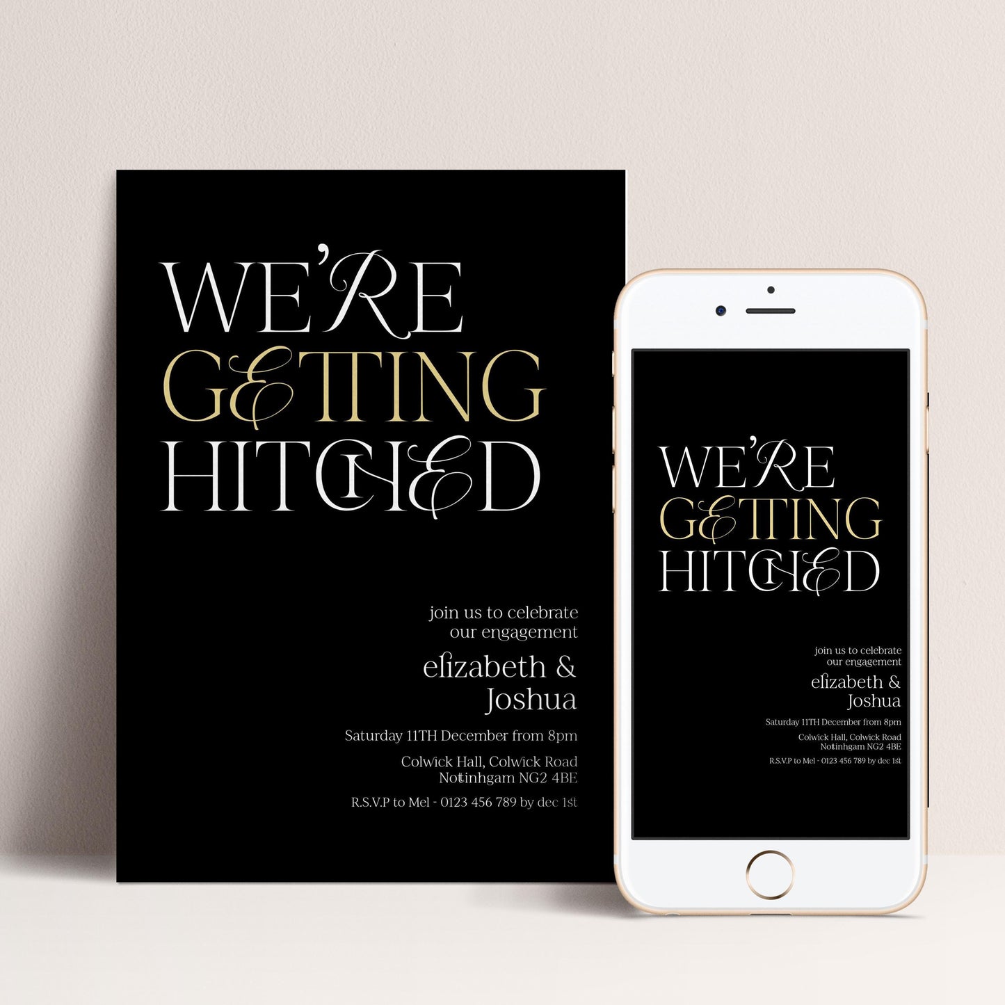 a wedding invitation card and a smartphone displaying the same wedding invitation.