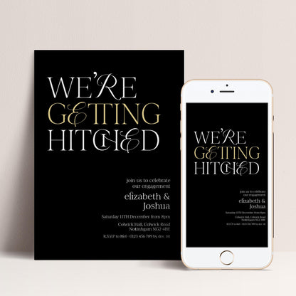 a wedding invitation card and a smartphone displaying the same wedding invitation.