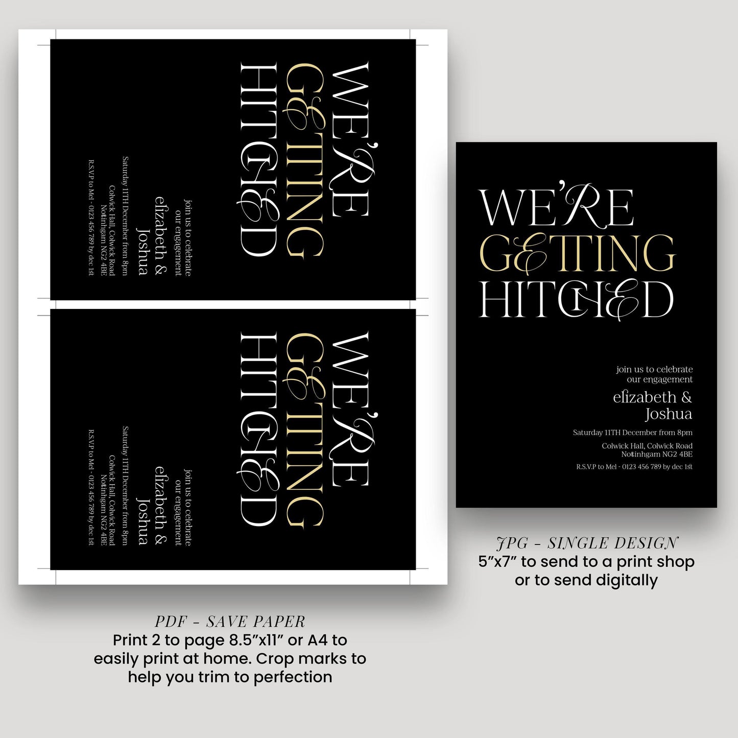 The image is a collage of two pages from a wedding invitation, featuring the text "WE'RE GETTING HITTED" prominently displayed.
