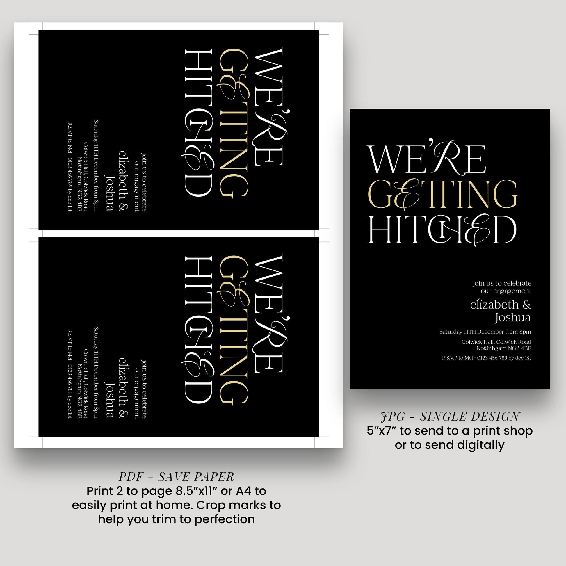 The image is a collage of two pages from a wedding invitation, featuring the text "WE'RE GETTING HITTED" prominently displayed.