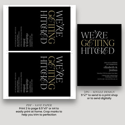 The image is a collage of two pages from a wedding invitation, featuring the text "WE'RE GETTING HITTED" prominently displayed.