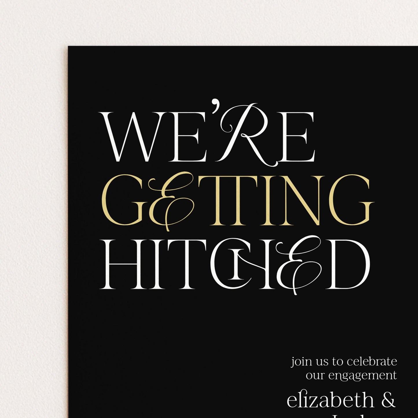 The image is a wedding invitation card with the text "WE'RE GETTING HITCHED" prominently displayed.