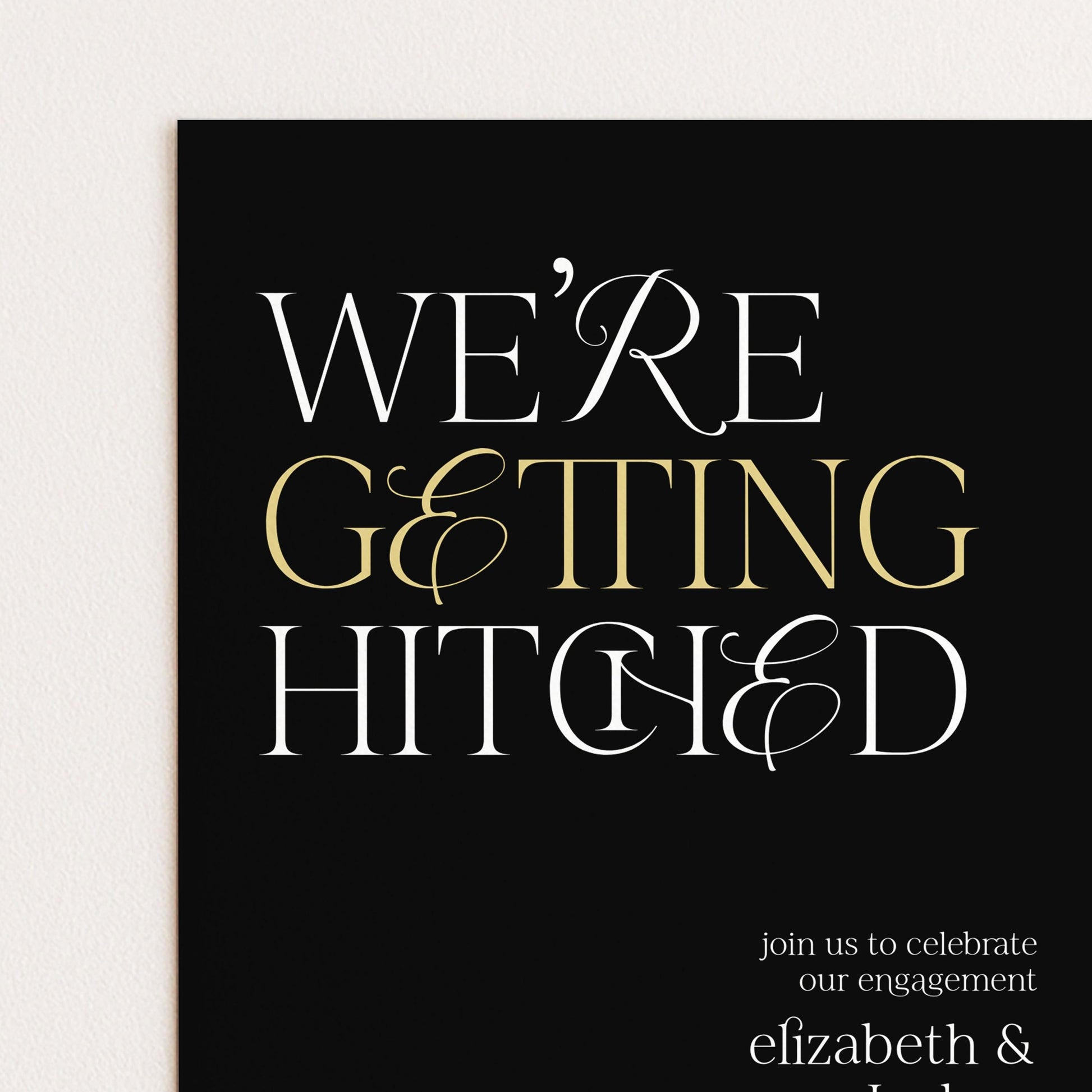 The image is a wedding invitation card with the text "WE'RE GETTING HITCHED" prominently displayed.
