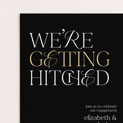 The image is a wedding invitation card with the text "WE'RE GETTING HITCHED" prominently displayed.