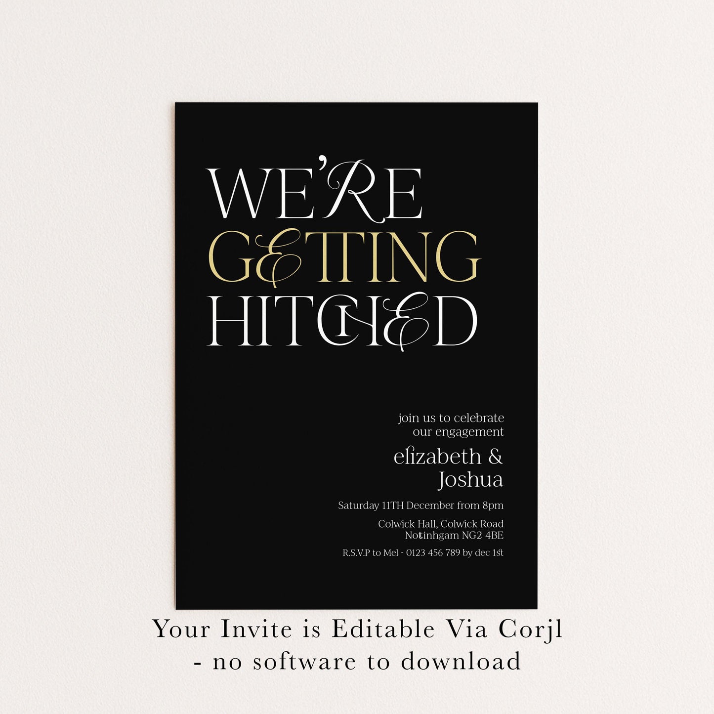 The image is a wedding invitation card with a black background and white text.