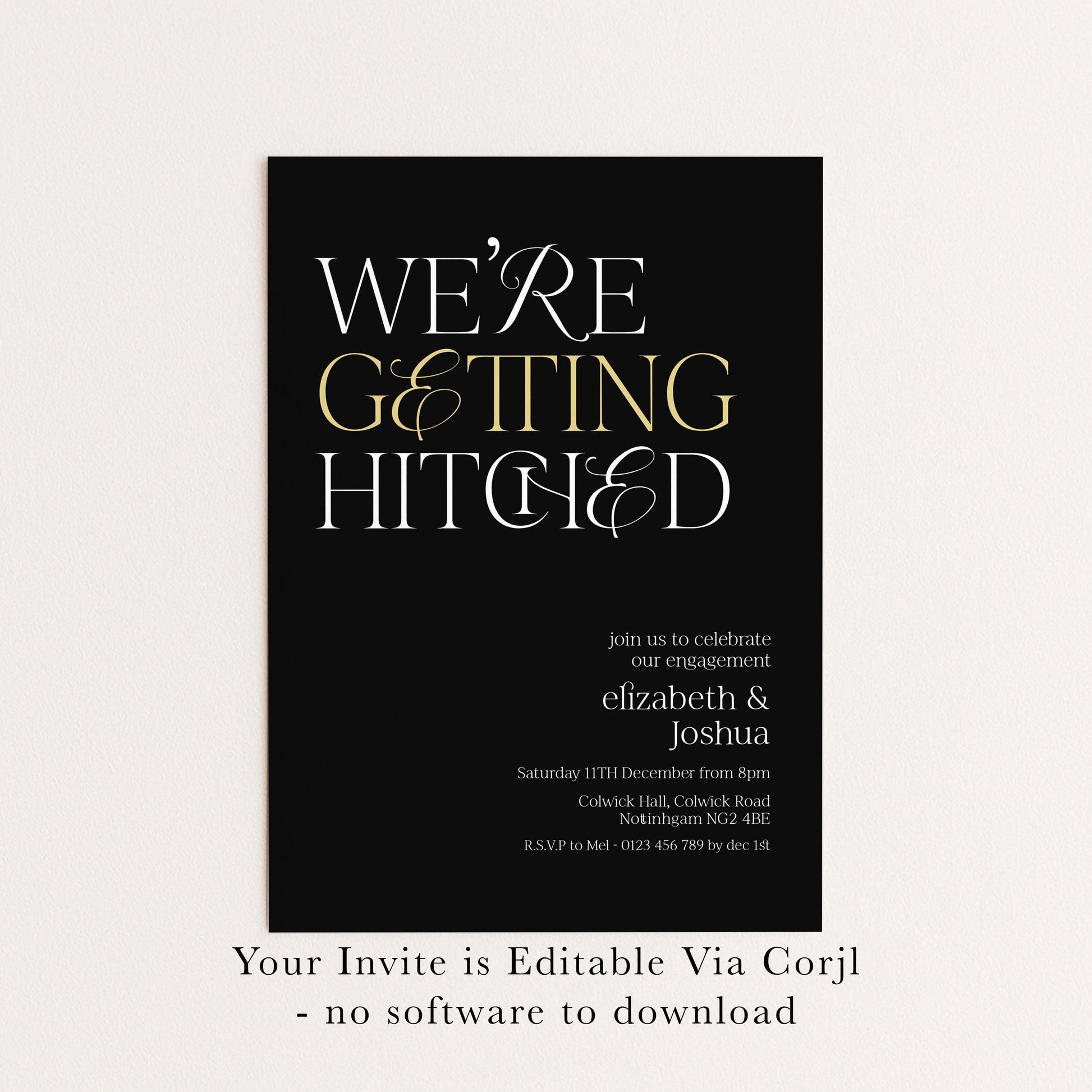 The image is a wedding invitation card with a black background and white text.