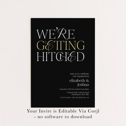 The image is a wedding invitation card with a black background and white text.