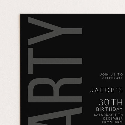 The image is a black and white invitation card for a birthday party.