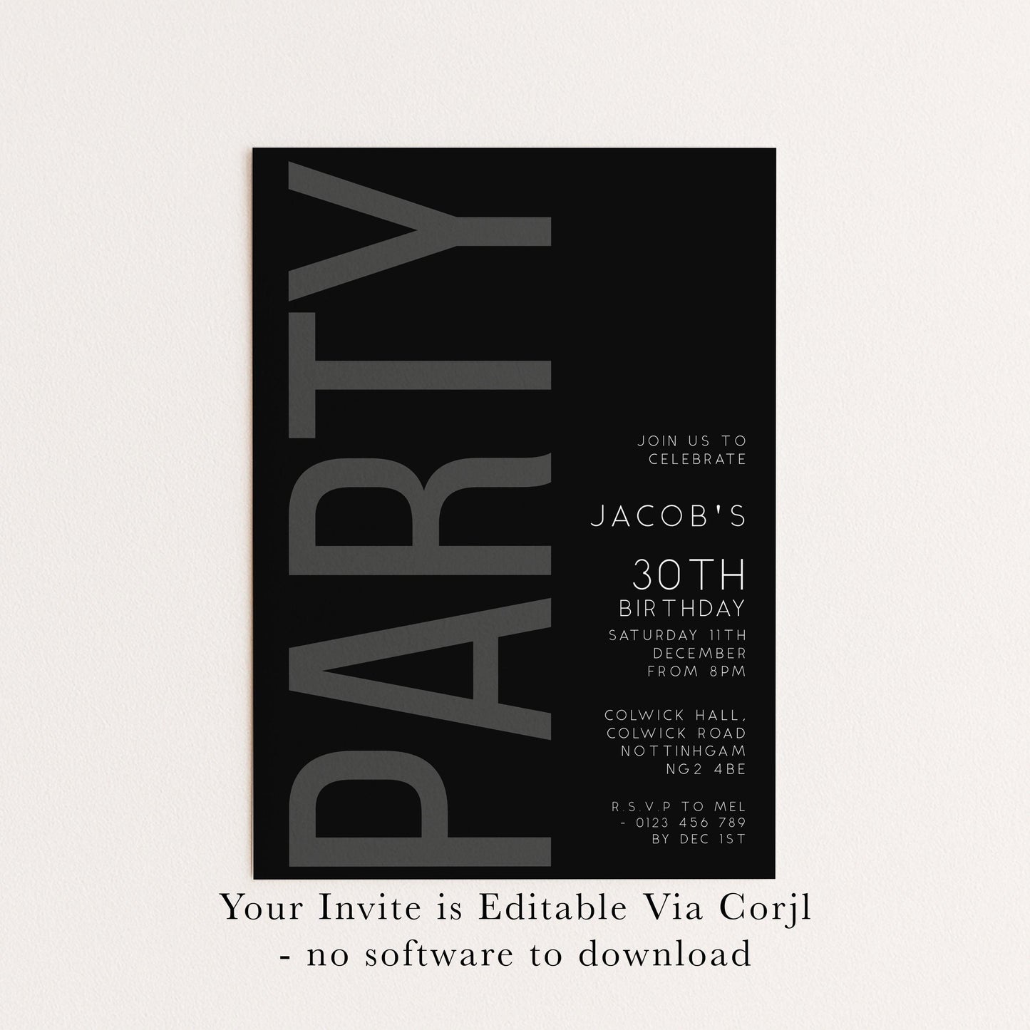 The image is a black and white invitation card for a party, specifically for Jacob's 30th birthday.