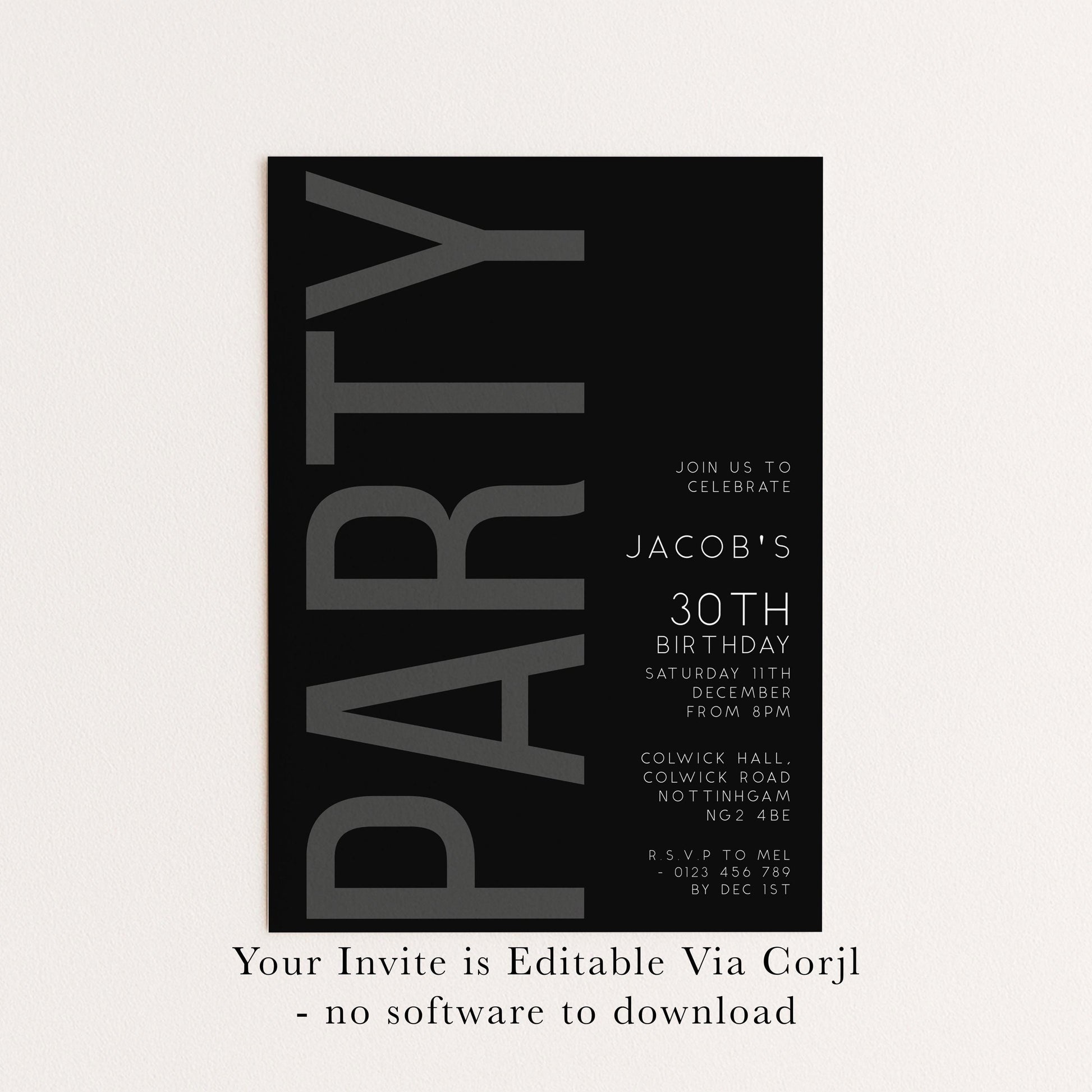 The image is a black and white invitation card for a party, specifically for Jacob's 30th birthday.
