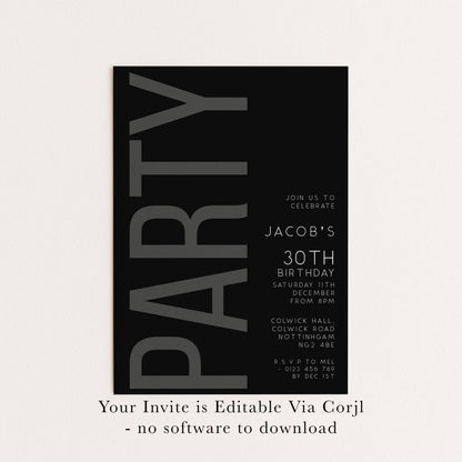 The image is a black and white invitation card for a party, specifically for Jacob's 30th birthday.