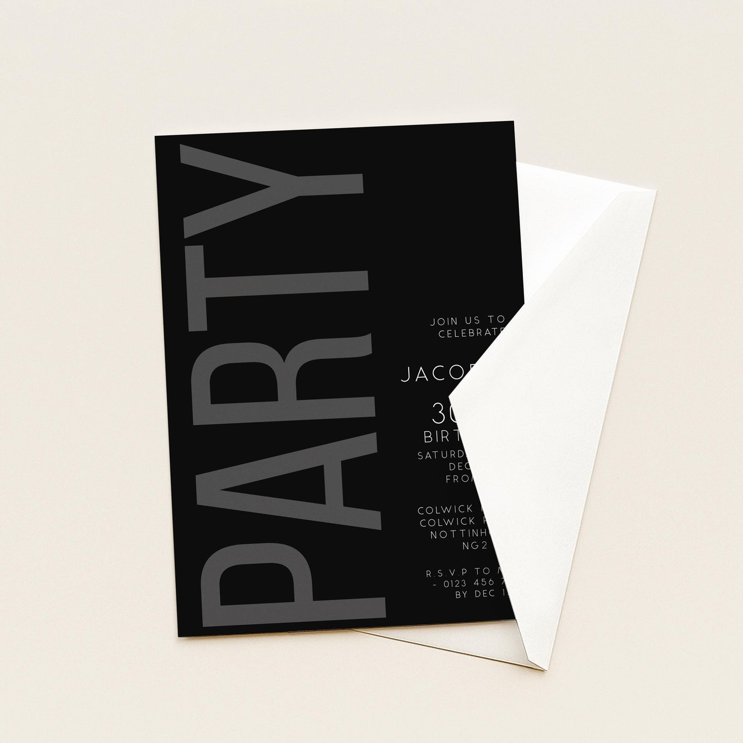 The image is a black and white invitation card with the word "PARTY" prominently displayed in large letters.