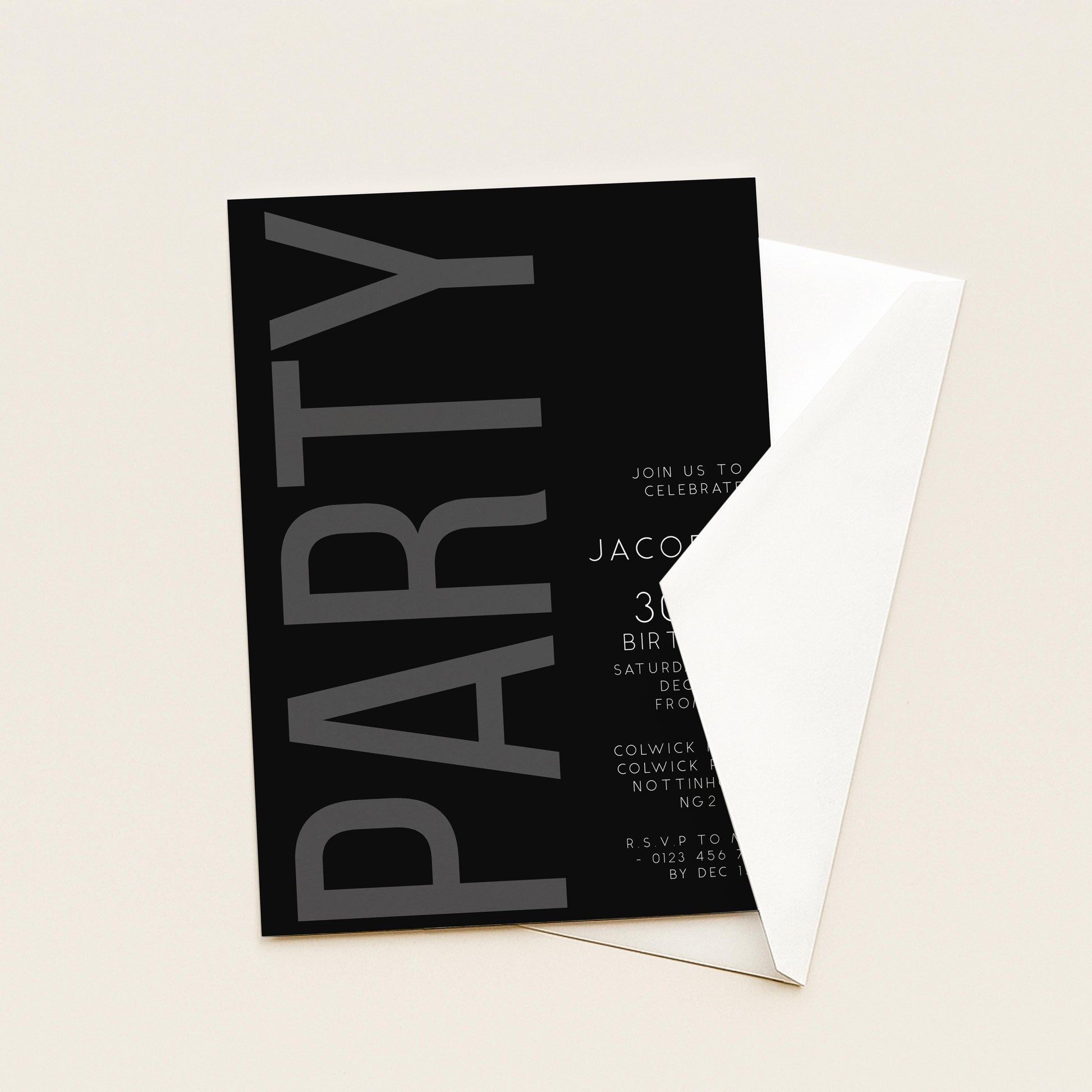 The image is a black and white invitation card with the word "PARTY" prominently displayed in large letters.