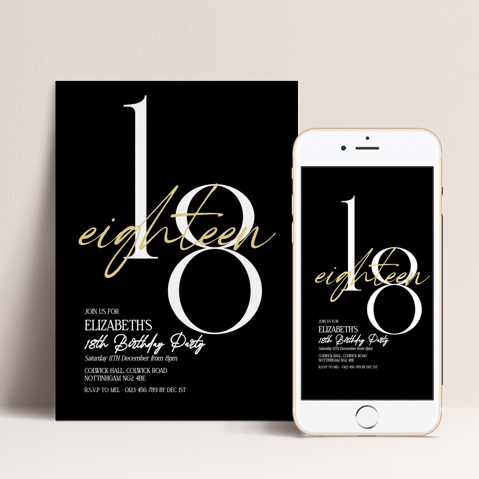 two invitation designs for Elizabeth's 18th birthday party. The larger design is a black and white invitation card, while the smaller design is a smartphone invitation.