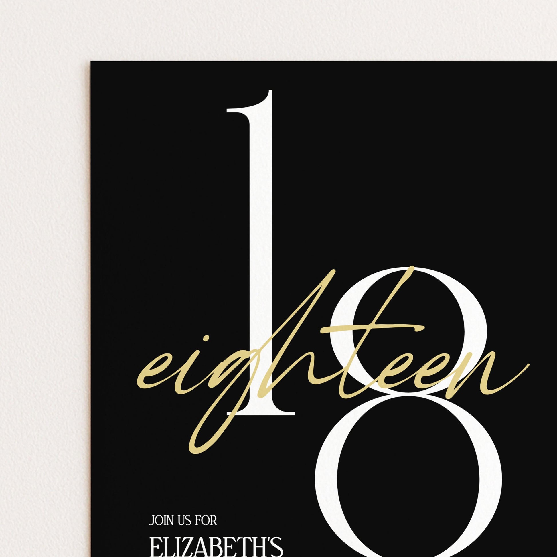 The image is a black and white invitation card with the number 18 prominently displayed. The text invites guests to join for an event, specifically for Elizabeth's 18th birthday.