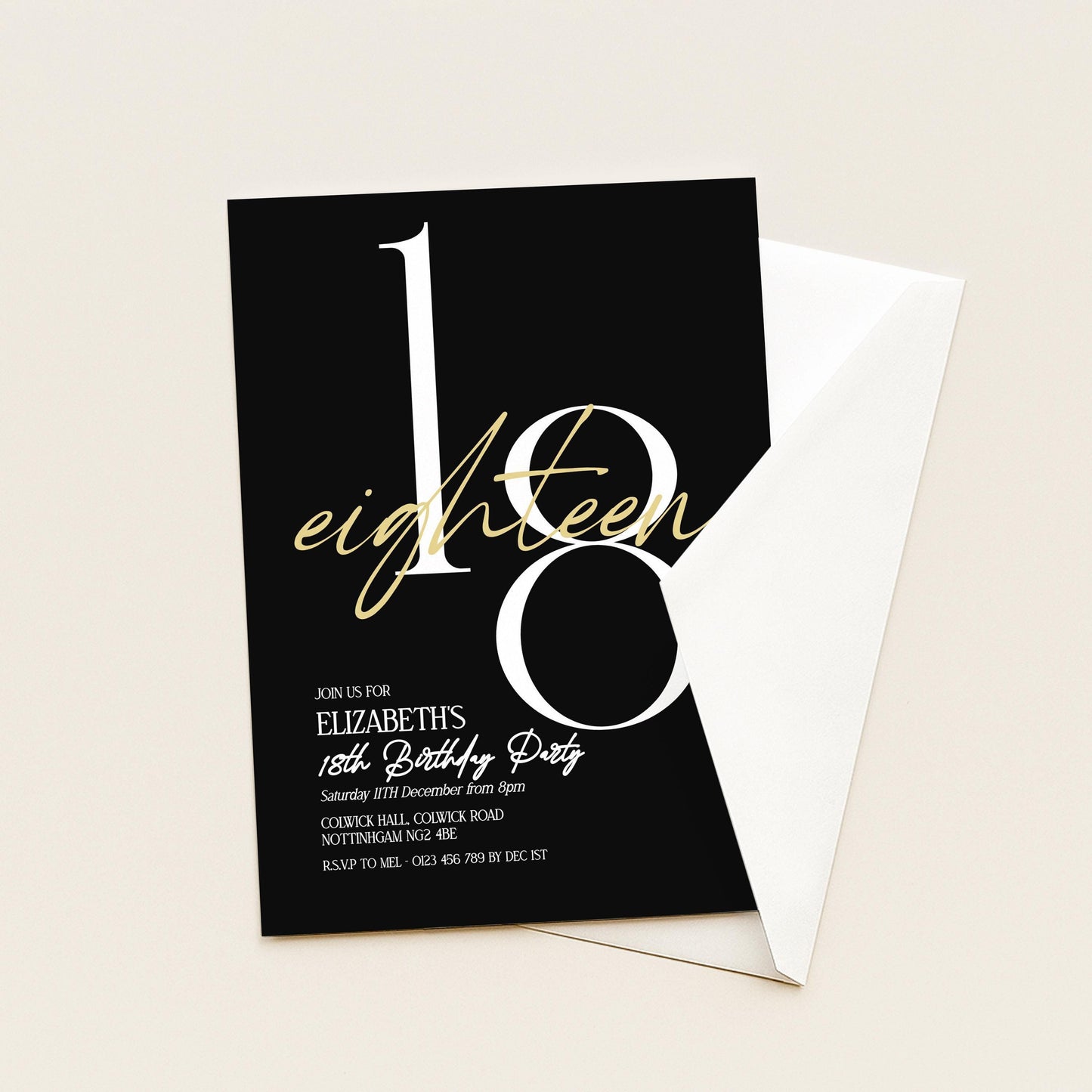 The image is a birthday invitation for Elizabeth's 18th birthday party.