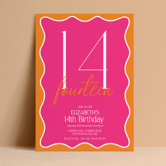 The image is a pink and orange birthday invitation for Elizabeth's 14th birthday party.