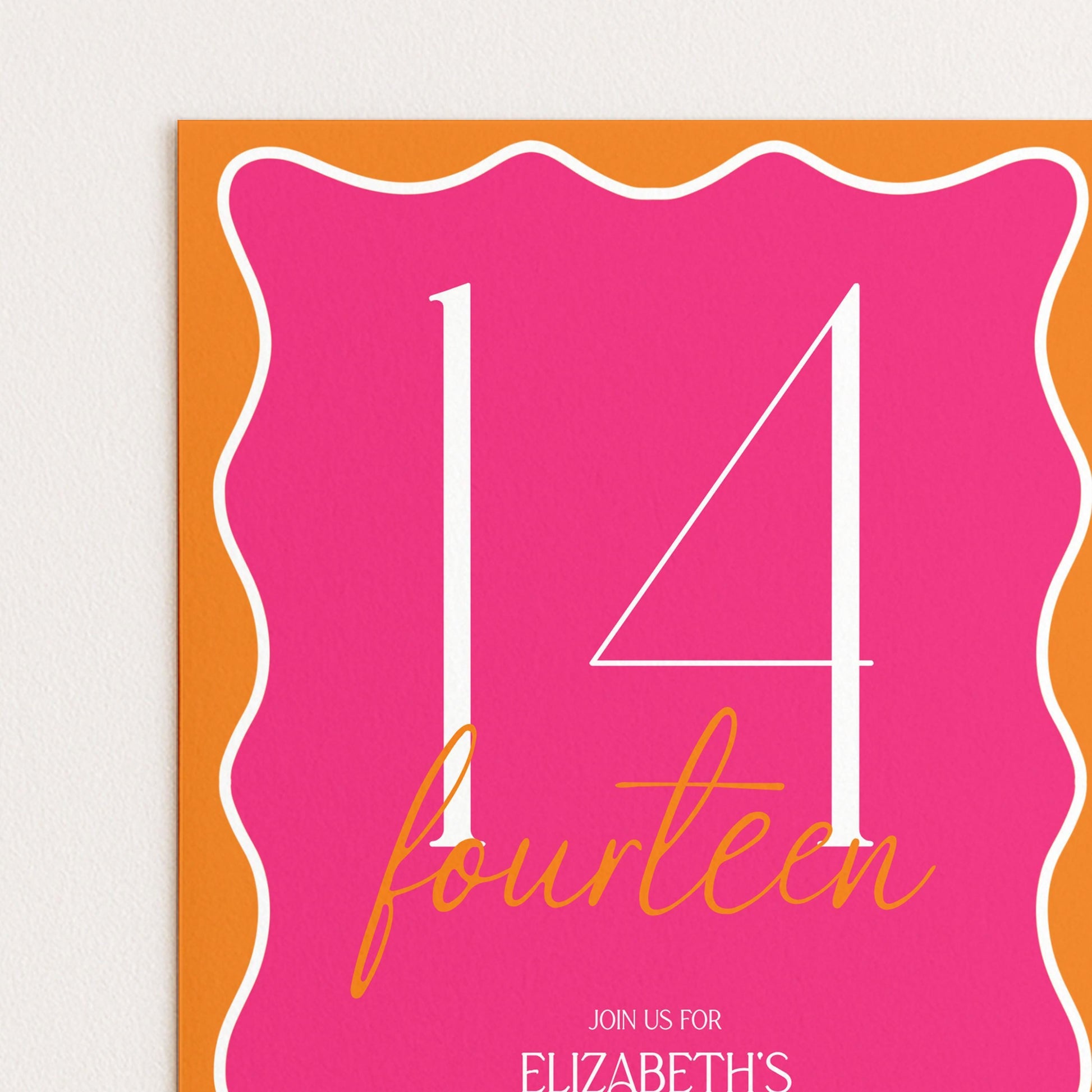 The image is a pink and orange invitation card for a 14th birthday party.
