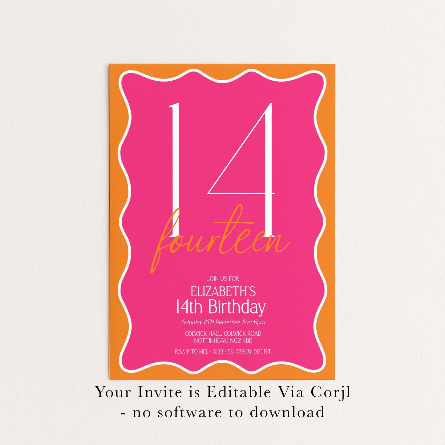 The image is a pink and orange invitation card for Elizabeth's 14th birthday party.