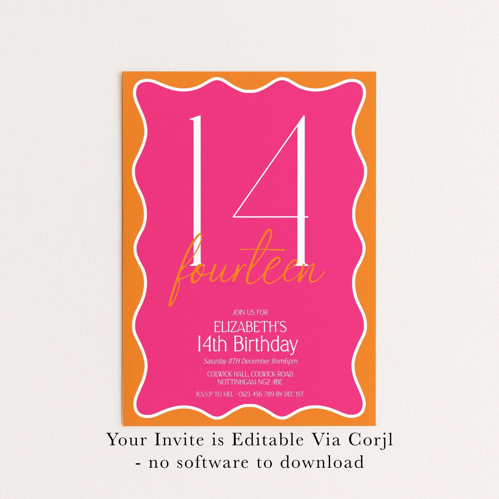 The image is a pink and orange invitation card for Elizabeth's 14th birthday party.