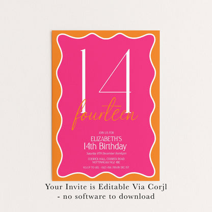 The image is a pink and orange invitation card for Elizabeth's 14th birthday party.