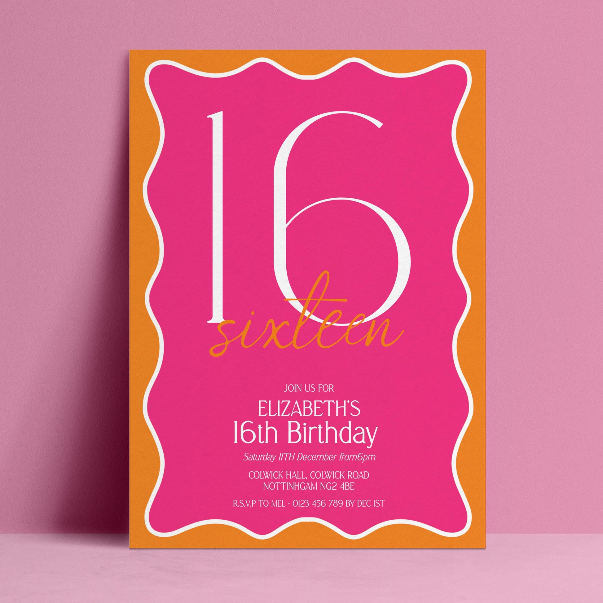 The image is a birthday invitation for Elizabeth's 16th birthday.
