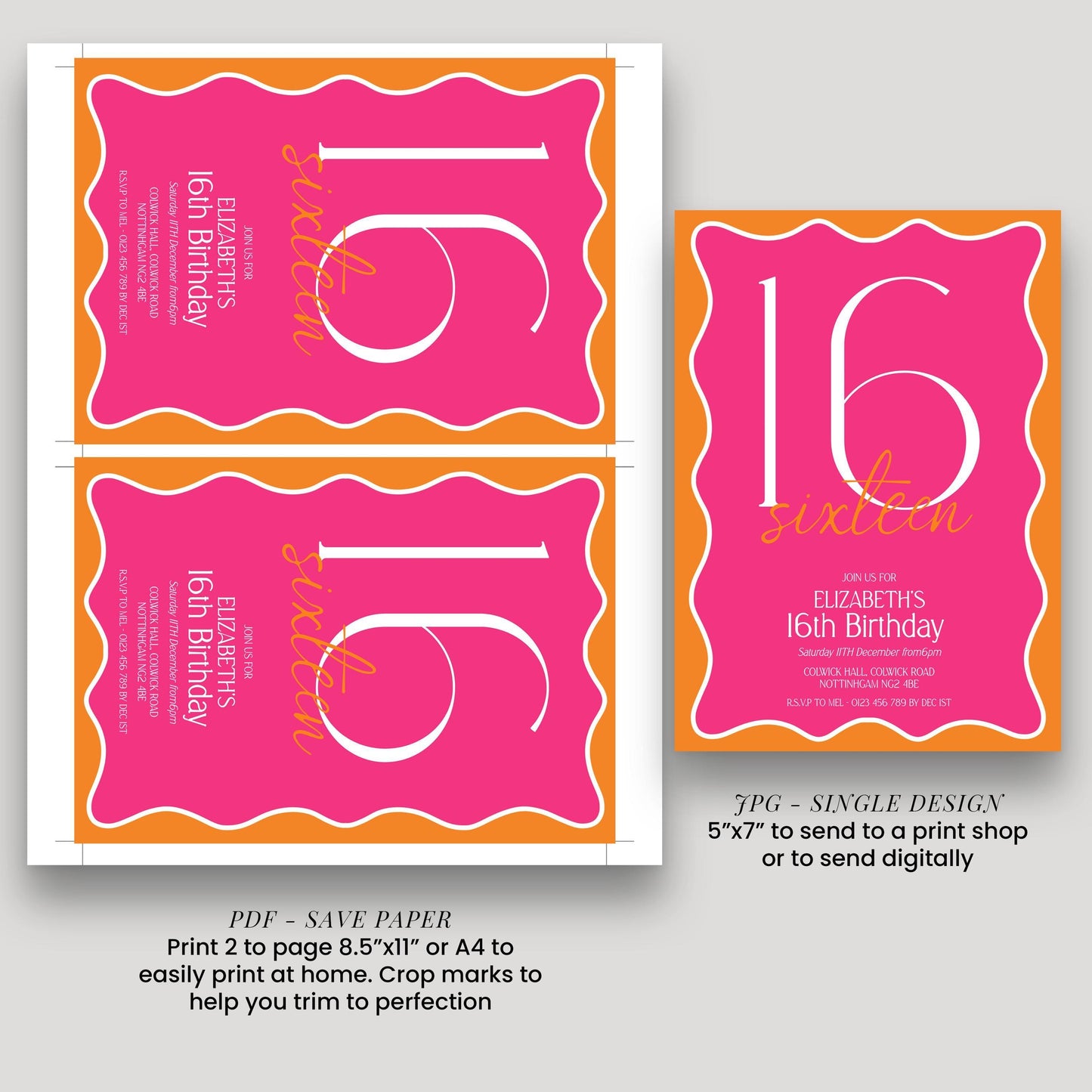 three different designs for a 16th birthday invitation, each with a unique color scheme and layout. The designs include a pink and orange design, a pink and white design, and a pink and orange design with a white border. The invitation is intended to be printed on paper or sent digitally, depending on the user's preference.