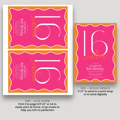 three different designs for a 16th birthday invitation, each with a unique color scheme and layout. The designs include a pink and orange design, a pink and white design, and a pink and orange design with a white border. The invitation is intended to be printed on paper or sent digitally, depending on the user's preference.