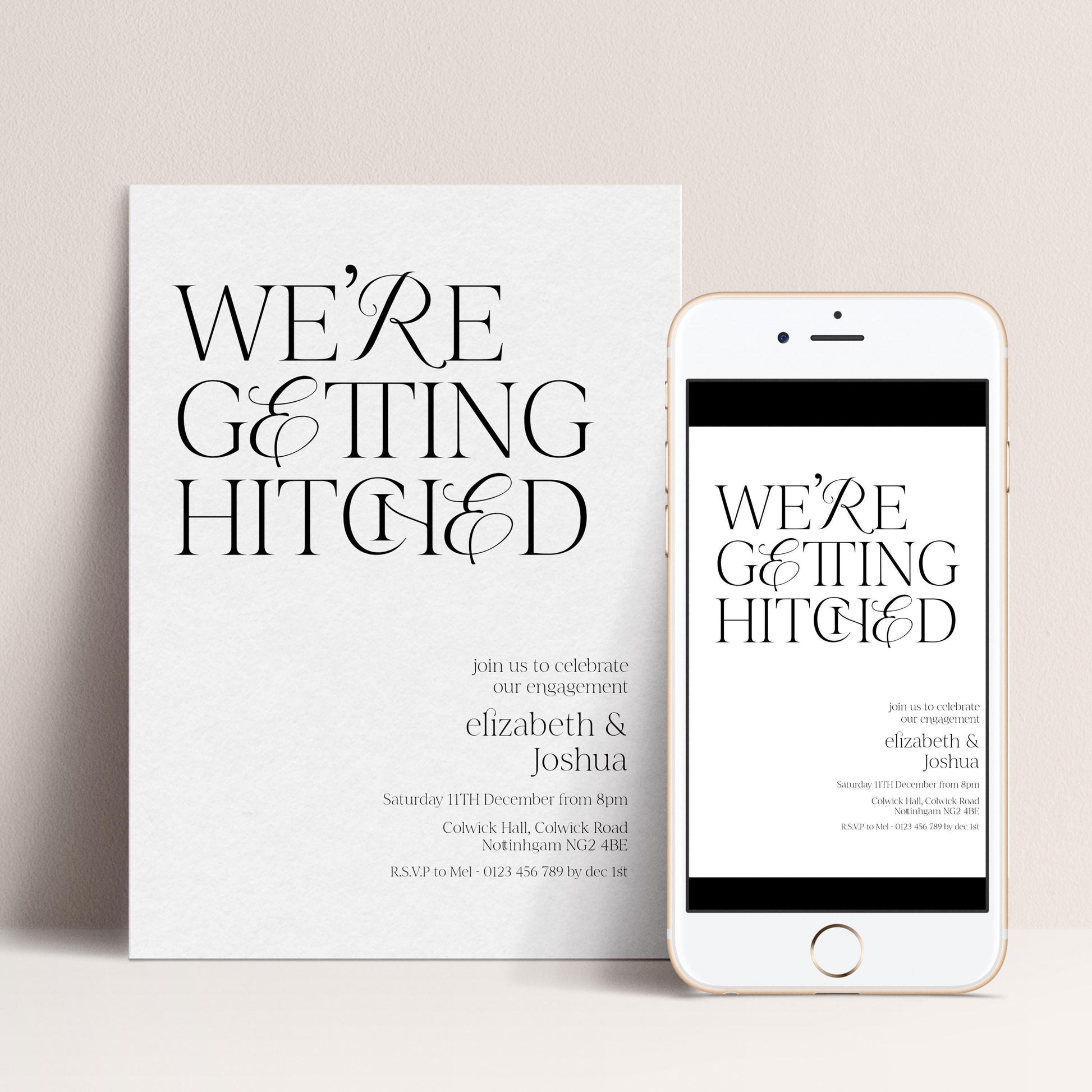 a wedding invitation and a smartphone displaying the same wedding invitation.