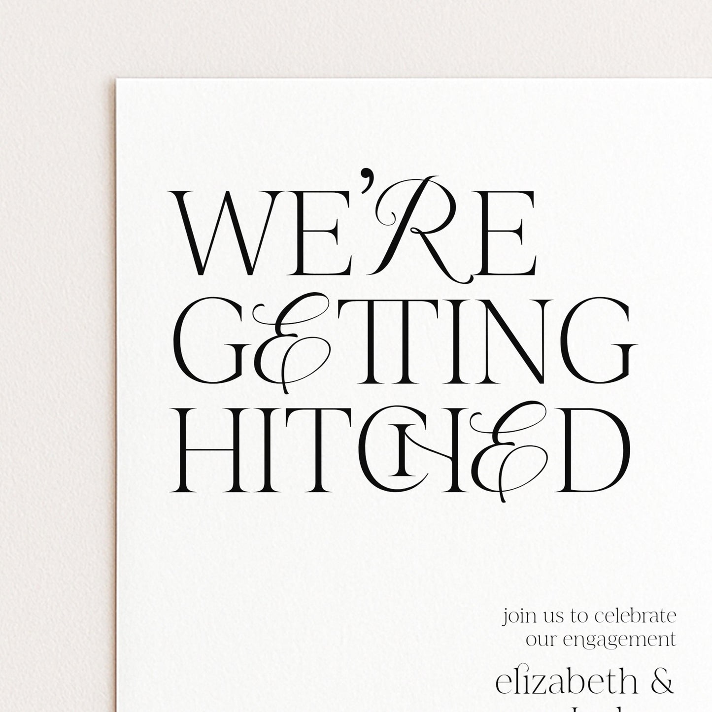 The image is a wedding invitation card with the text "WE'RE GETTING HITTED" prominently displayed.