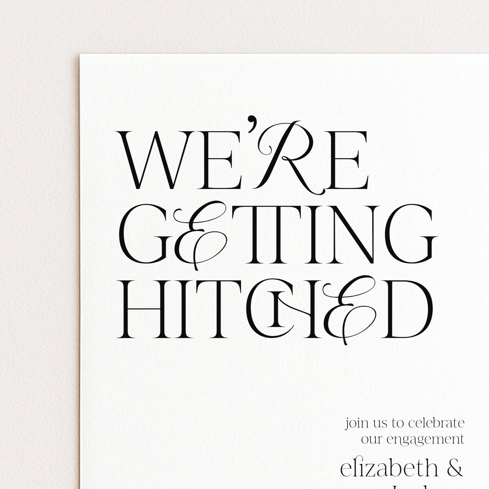 The image is a wedding invitation card with the text "WE'RE GETTING HITTED" prominently displayed.