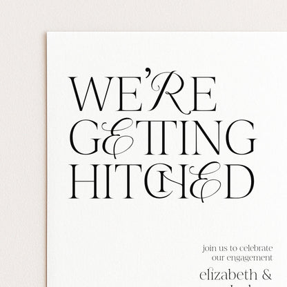 The image is a wedding invitation card with the text "WE'RE GETTING HITTED" prominently displayed.