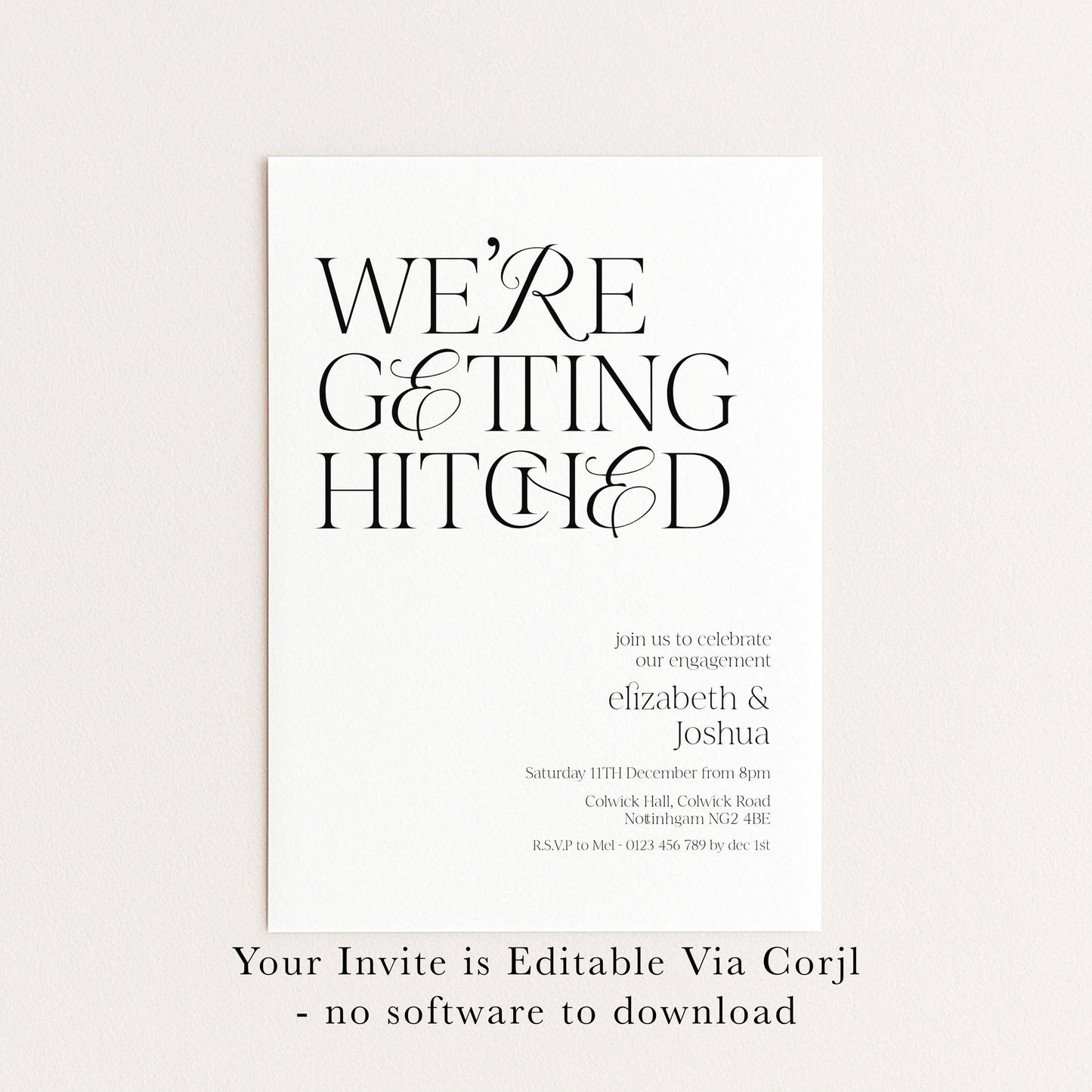 The image is a wedding invitation card with the text "We're getting hitched" prominently displayed.