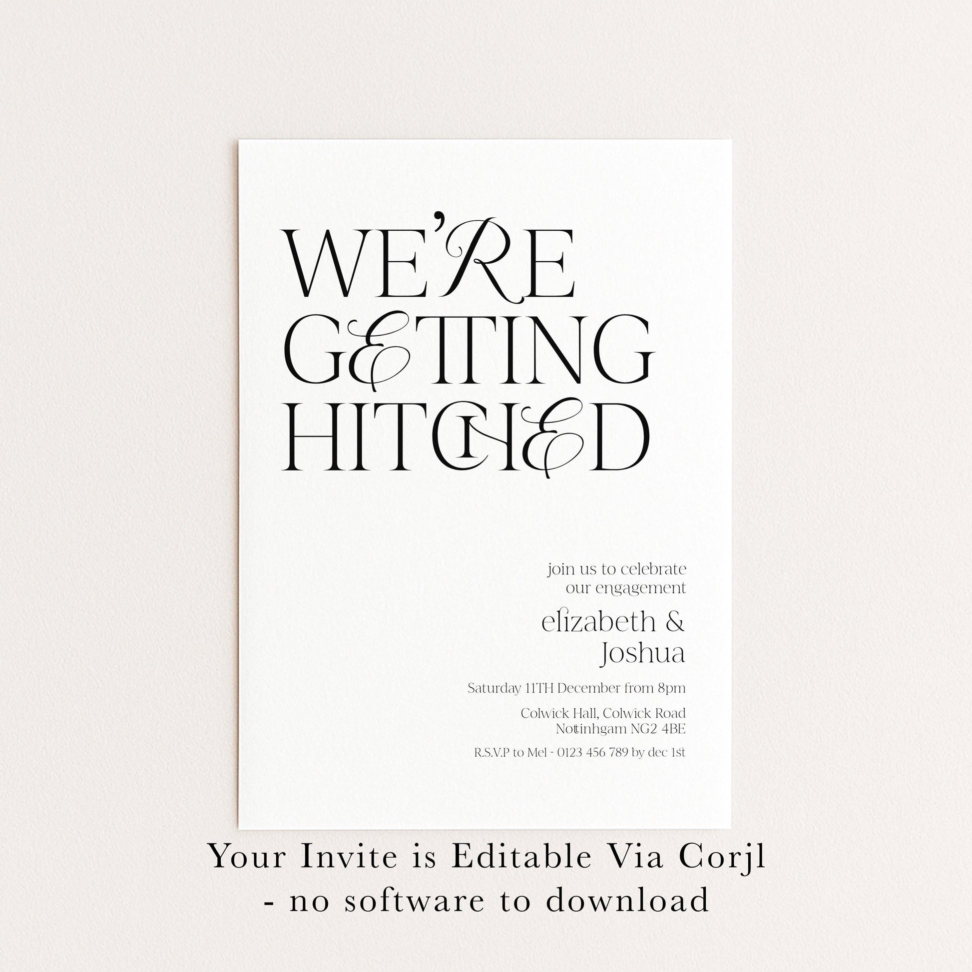 The image is a wedding invitation card with the text "We're getting hitched" prominently displayed.