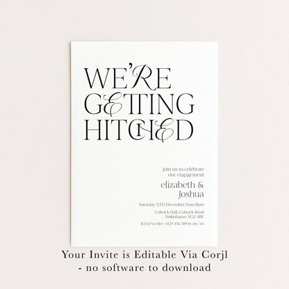 The image is a wedding invitation card with the text "We're getting hitched" prominently displayed.