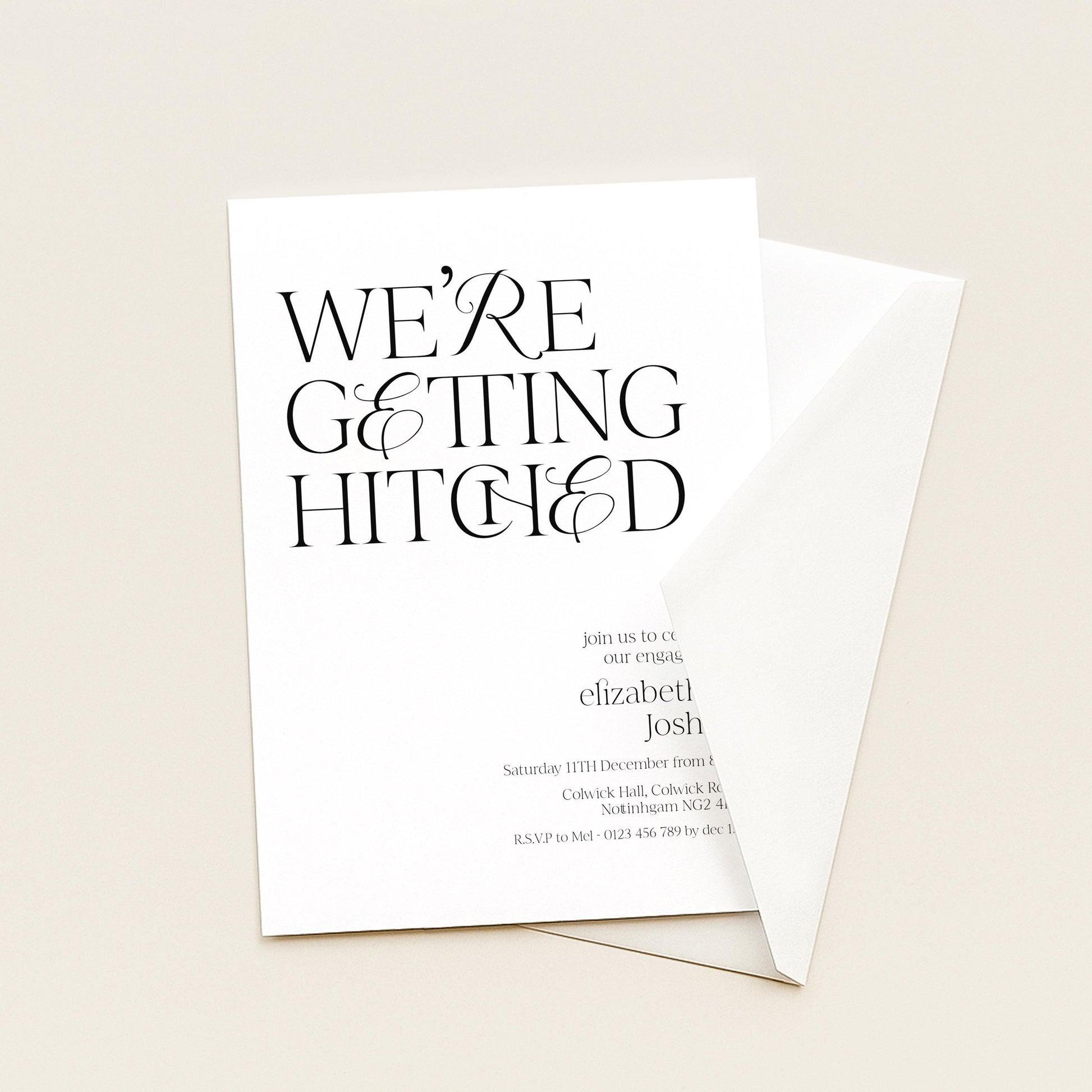 The image is a wedding invitation card with the text "WE'RE GETTING HITCHED" prominently displayed.
