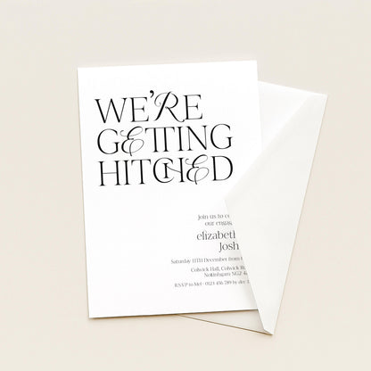 The image is a wedding invitation card with the text "WE'RE GETTING HITCHED" prominently displayed.