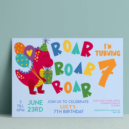 The image is a birthday party invitation featuring a red dragon wearing a party hat and holding a gift.