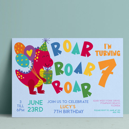 The image is a birthday party invitation featuring a red dragon wearing a party hat and holding a gift.