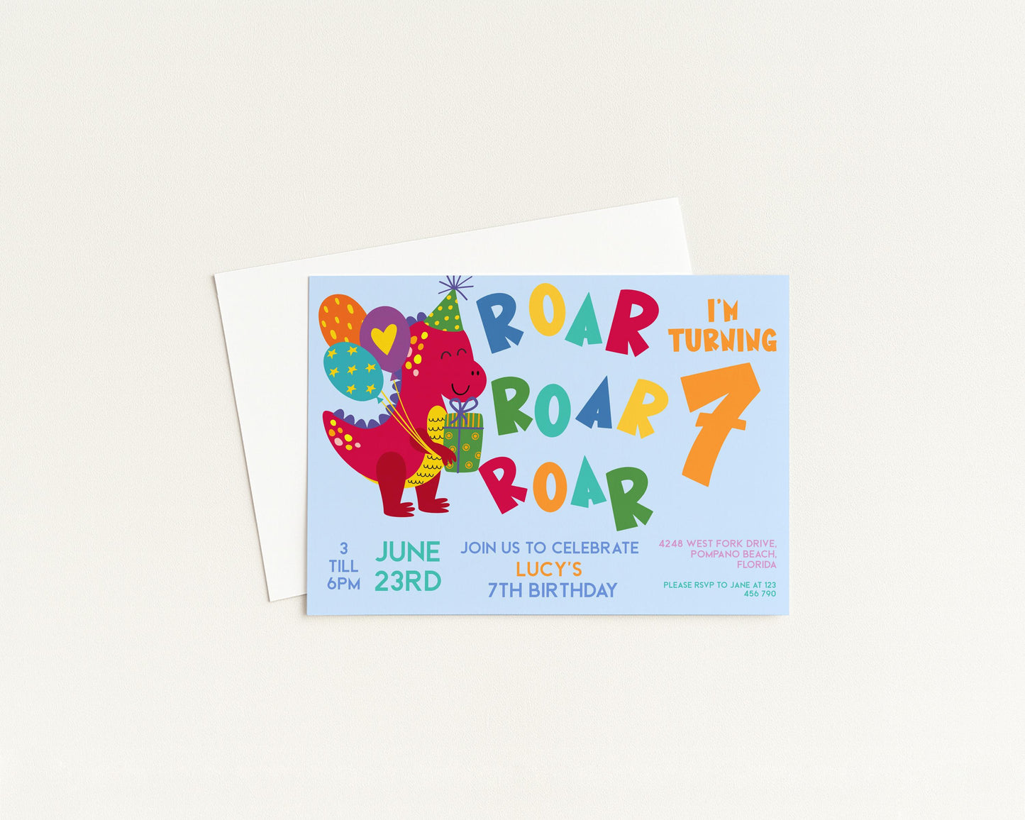 The image is a birthday invitation for a 7th birthday party, featuring a cartoon dinosaur character and colorful text.