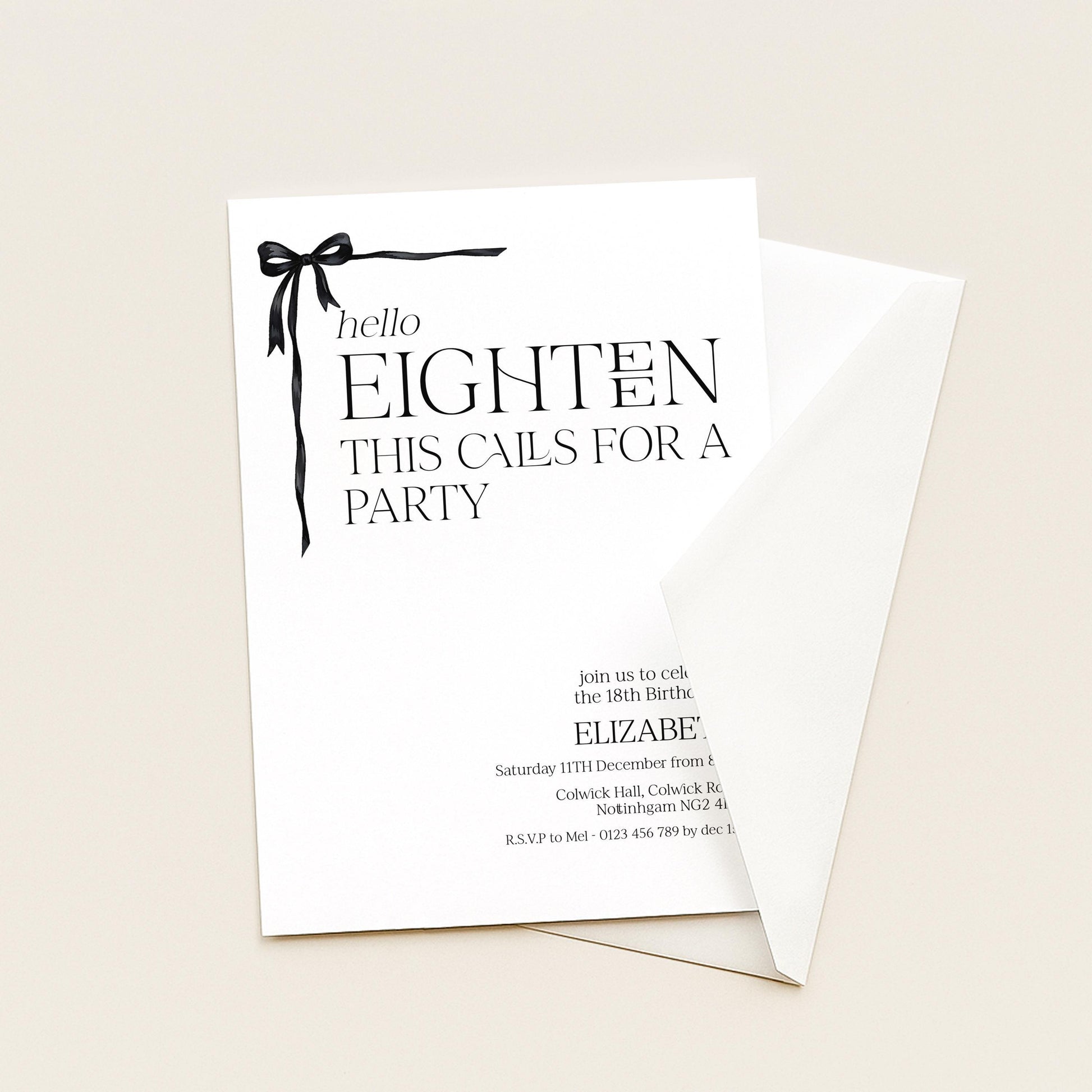 The image is a birthday invitation card for a party, featuring a black ribbon and text that reads "Hello Eighteen This calls for a party".