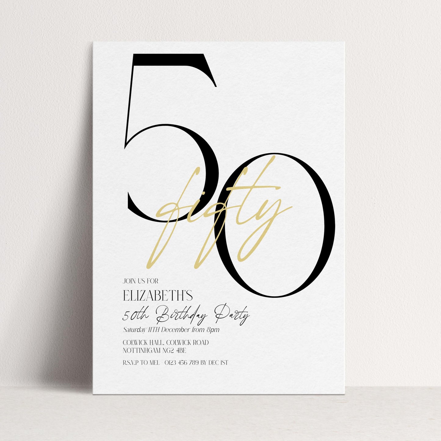The image is a birthday party invitation for Elizabeth's 50th birthday party.
