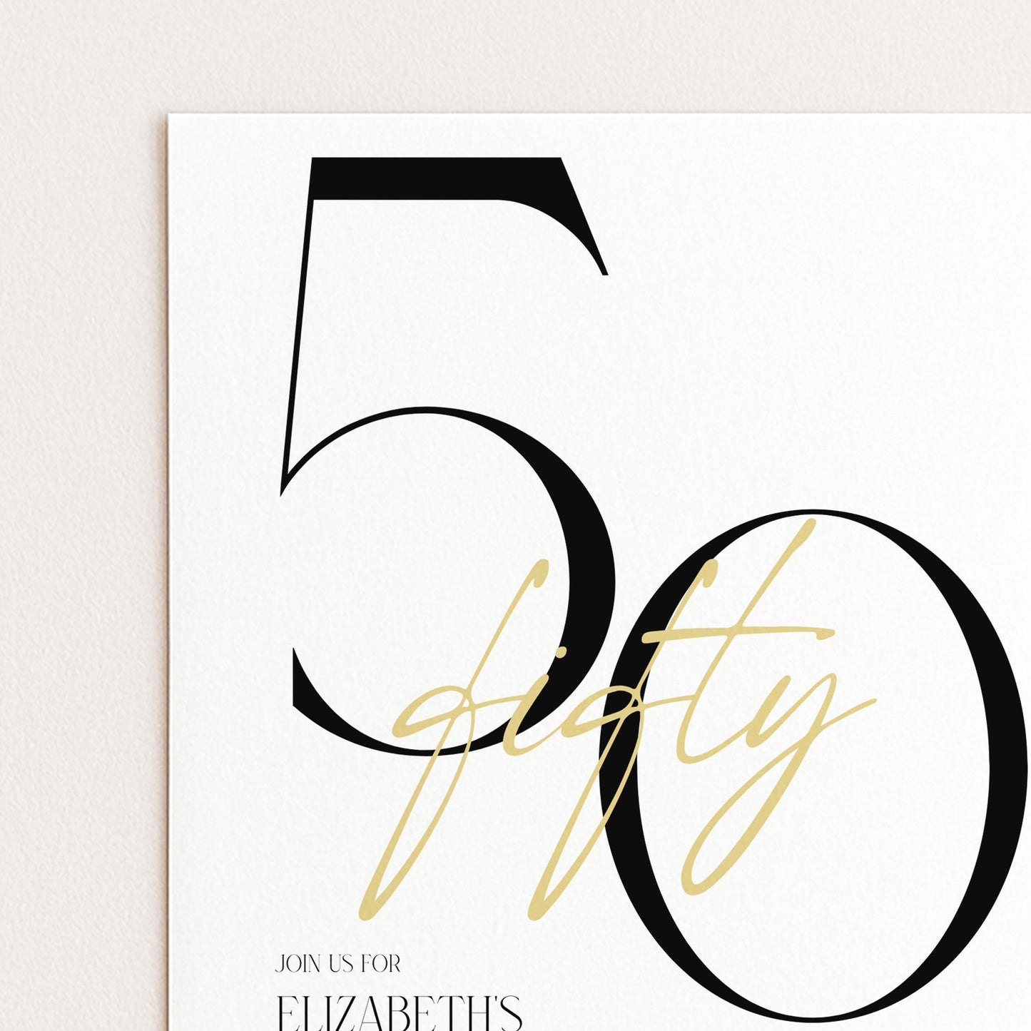 a large number "50" with a cursive "fifty" below it, and the text "JOIN US FOR ELIZABETHS" at the bottom.