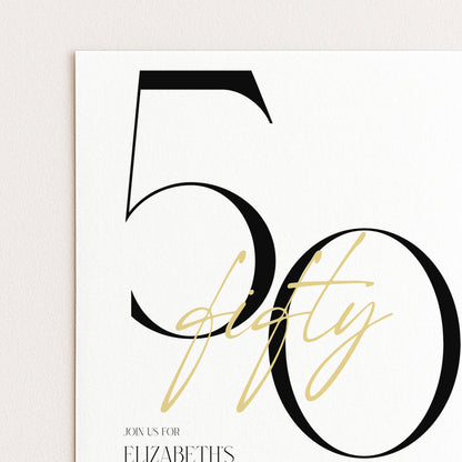 a large number "50" with a cursive "fifty" below it, and the text "JOIN US FOR ELIZABETHS" at the bottom.