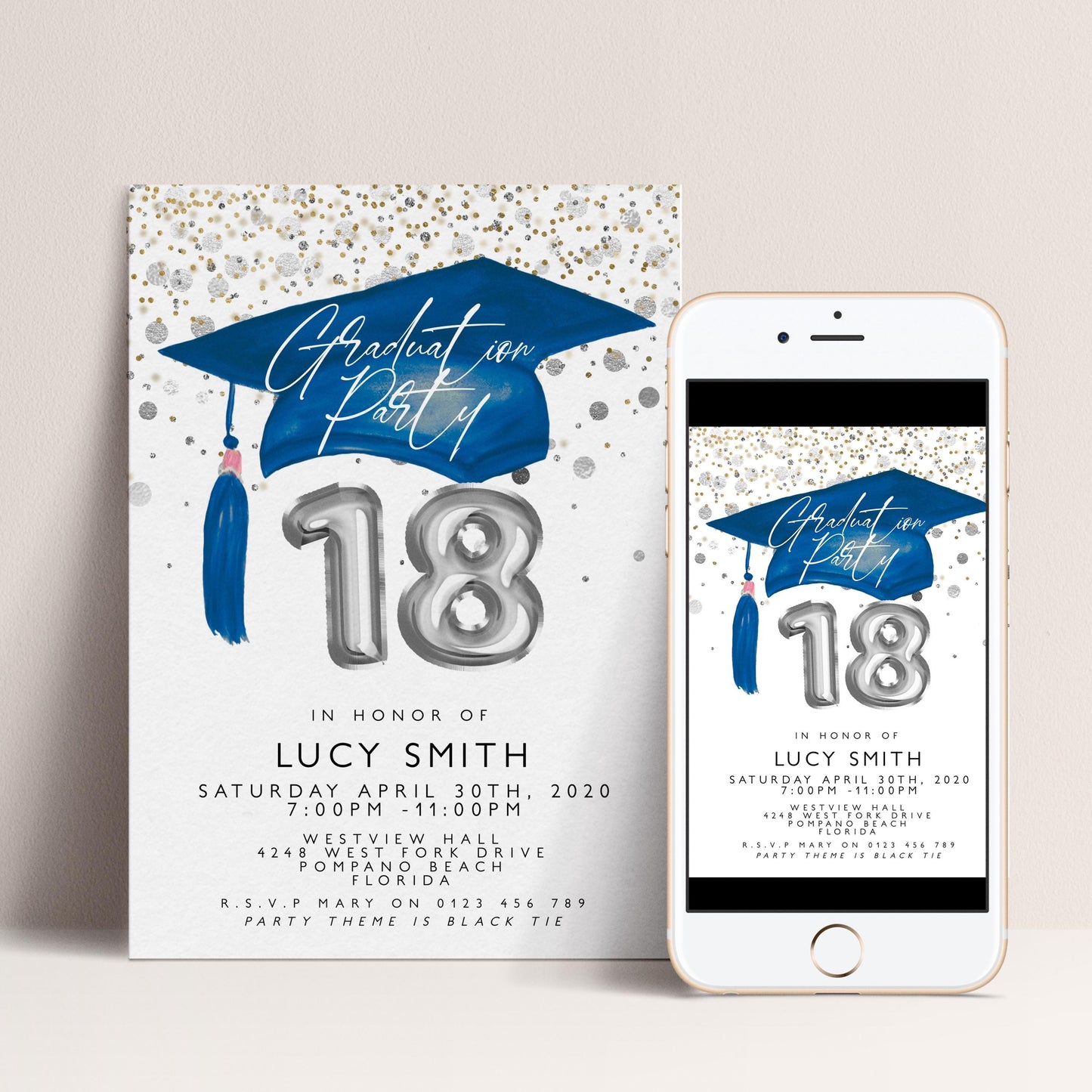 The image is a graduation party invitation featuring a blue graduation cap and tassel, along with text and a number indicating the age of the graduate, which is 18.