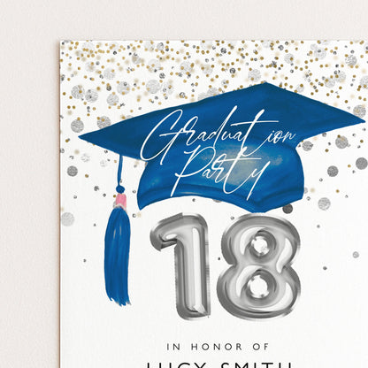 The image is a graduation party invitation featuring a blue graduation cap with a tassel, surrounded by confetti and the number 18.
