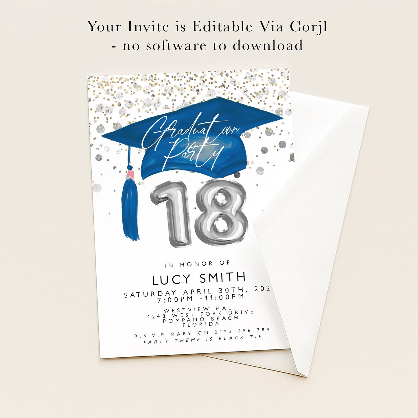 The image is a graduation party invitation for a girl named Lucy Smith, which is editable via a computer. The invitation is not a physical card and does not require any software to download.